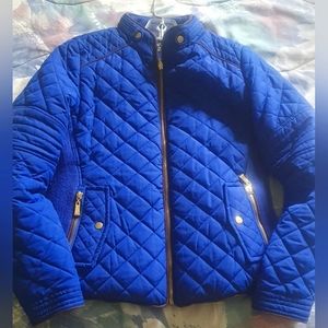Women's Sz Med royal blue mandarin biker collar quilted jacket coat w/ gold zips